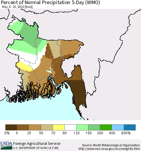 Bangladesh Percent of Normal Precipitation 5-Day (WMO) Thematic Map For 5/6/2023 - 5/10/2023