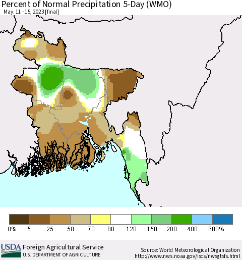 Bangladesh Percent of Normal Precipitation 5-Day (WMO) Thematic Map For 5/11/2023 - 5/15/2023