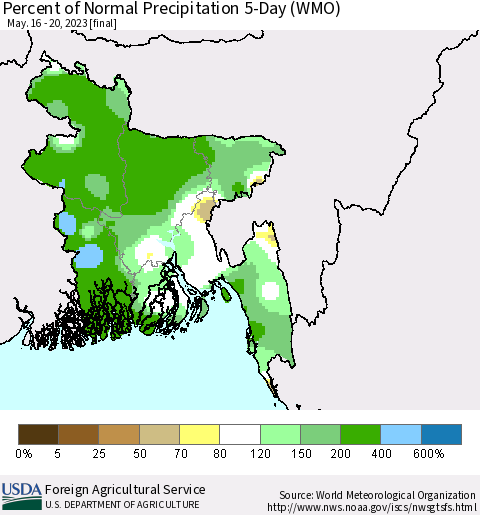 Bangladesh Percent of Normal Precipitation 5-Day (WMO) Thematic Map For 5/16/2023 - 5/20/2023