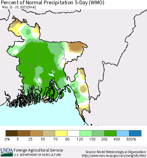 Bangladesh Percent of Normal Precipitation 5-Day (WMO) Thematic Map For 5/21/2023 - 5/25/2023