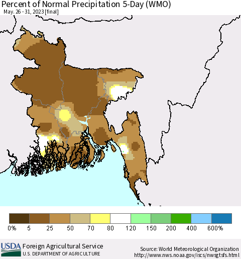 Bangladesh Percent of Normal Precipitation 5-Day (WMO) Thematic Map For 5/26/2023 - 5/31/2023