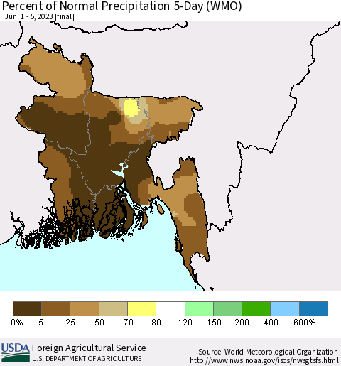 Bangladesh Percent of Normal Precipitation 5-Day (WMO) Thematic Map For 6/1/2023 - 6/5/2023