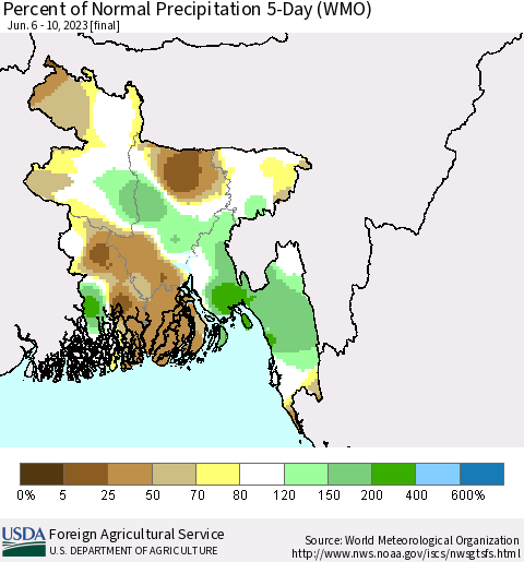 Bangladesh Percent of Normal Precipitation 5-Day (WMO) Thematic Map For 6/6/2023 - 6/10/2023