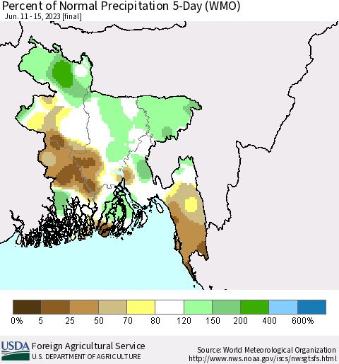 Bangladesh Percent of Normal Precipitation 5-Day (WMO) Thematic Map For 6/11/2023 - 6/15/2023