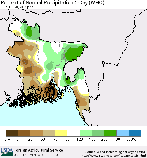 Bangladesh Percent of Normal Precipitation 5-Day (WMO) Thematic Map For 6/16/2023 - 6/20/2023