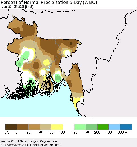 Bangladesh Percent of Normal Precipitation 5-Day (WMO) Thematic Map For 6/21/2023 - 6/25/2023