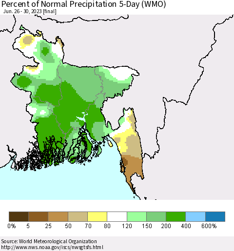 Bangladesh Percent of Normal Precipitation 5-Day (WMO) Thematic Map For 6/26/2023 - 6/30/2023
