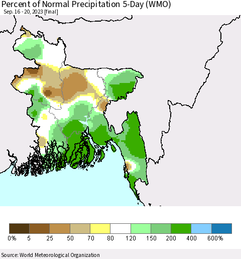 Bangladesh Percent of Normal Precipitation 5-Day (WMO) Thematic Map For 9/16/2023 - 9/20/2023