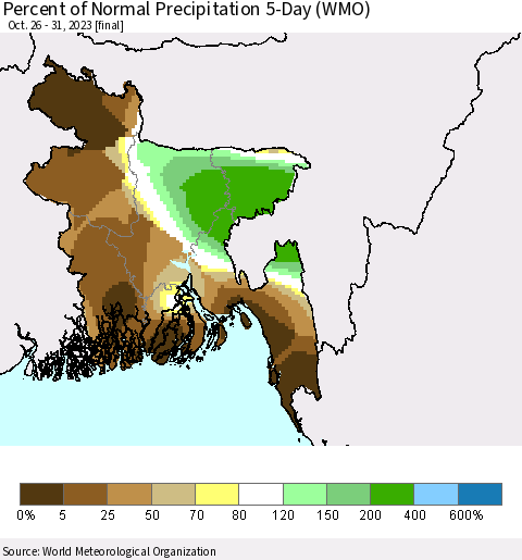 Bangladesh Percent of Normal Precipitation 5-Day (WMO) Thematic Map For 10/26/2023 - 10/31/2023