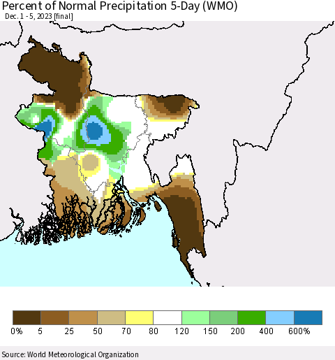 Bangladesh Percent of Normal Precipitation 5-Day (WMO) Thematic Map For 12/1/2023 - 12/5/2023
