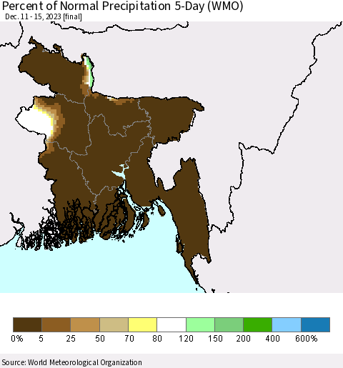 Bangladesh Percent of Normal Precipitation 5-Day (WMO) Thematic Map For 12/11/2023 - 12/15/2023
