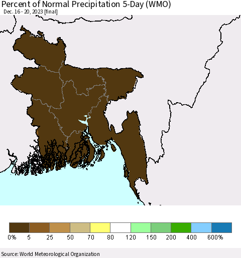 Bangladesh Percent of Normal Precipitation 5-Day (WMO) Thematic Map For 12/16/2023 - 12/20/2023