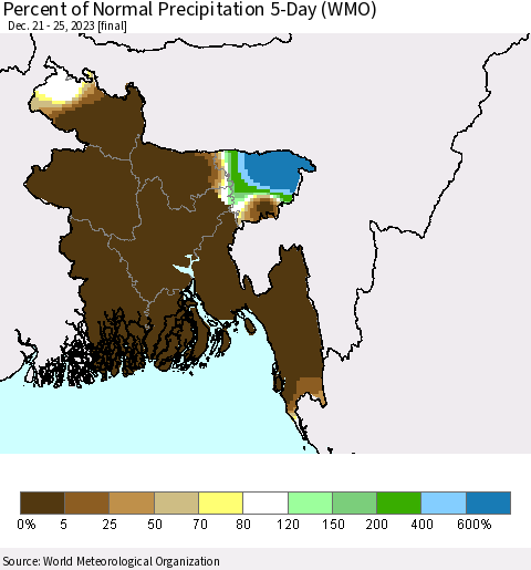 Bangladesh Percent of Normal Precipitation 5-Day (WMO) Thematic Map For 12/21/2023 - 12/25/2023