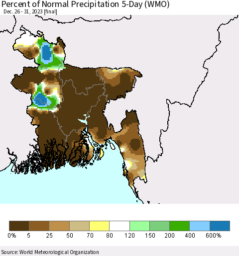 Bangladesh Percent of Normal Precipitation 5-Day (WMO) Thematic Map For 12/26/2023 - 12/31/2023