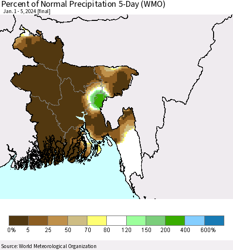 Bangladesh Percent of Normal Precipitation 5-Day (WMO) Thematic Map For 1/1/2024 - 1/5/2024