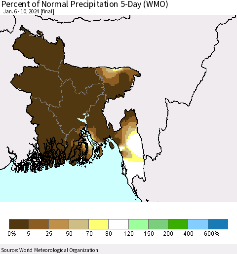 Bangladesh Percent of Normal Precipitation 5-Day (WMO) Thematic Map For 1/6/2024 - 1/10/2024