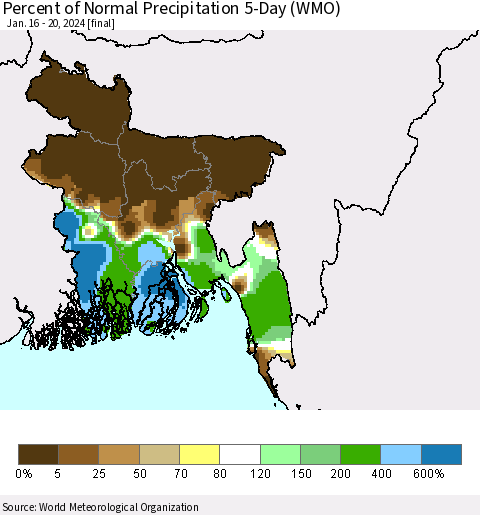 Bangladesh Percent of Normal Precipitation 5-Day (WMO) Thematic Map For 1/16/2024 - 1/20/2024