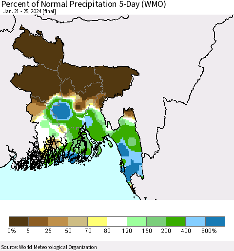 Bangladesh Percent of Normal Precipitation 5-Day (WMO) Thematic Map For 1/21/2024 - 1/25/2024