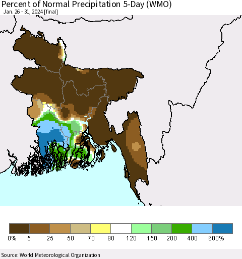 Bangladesh Percent of Normal Precipitation 5-Day (WMO) Thematic Map For 1/26/2024 - 1/31/2024