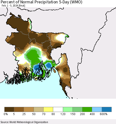 Bangladesh Percent of Normal Precipitation 5-Day (WMO) Thematic Map For 2/1/2024 - 2/5/2024