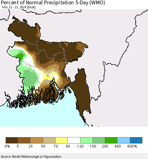 Bangladesh Percent of Normal Precipitation 5-Day (WMO) Thematic Map For 2/11/2024 - 2/15/2024