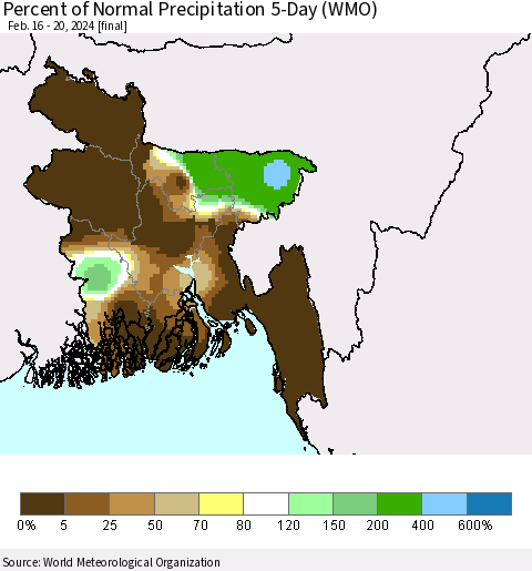Bangladesh Percent of Normal Precipitation 5-Day (WMO) Thematic Map For 2/16/2024 - 2/20/2024