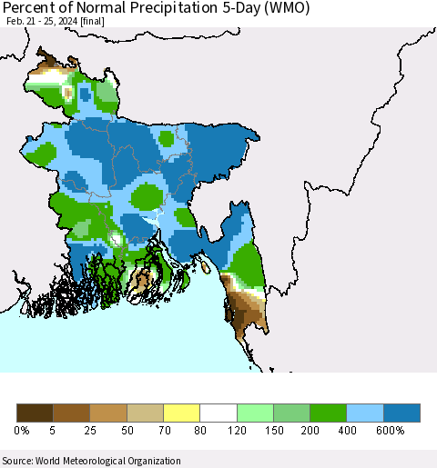 Bangladesh Percent of Normal Precipitation 5-Day (WMO) Thematic Map For 2/21/2024 - 2/25/2024