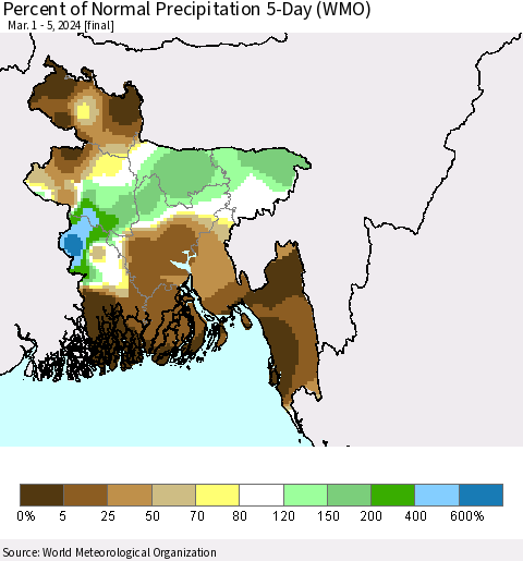 Bangladesh Percent of Normal Precipitation 5-Day (WMO) Thematic Map For 3/1/2024 - 3/5/2024