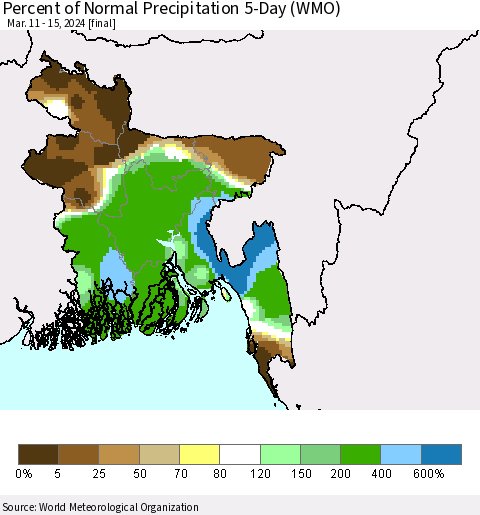 Bangladesh Percent of Normal Precipitation 5-Day (WMO) Thematic Map For 3/11/2024 - 3/15/2024