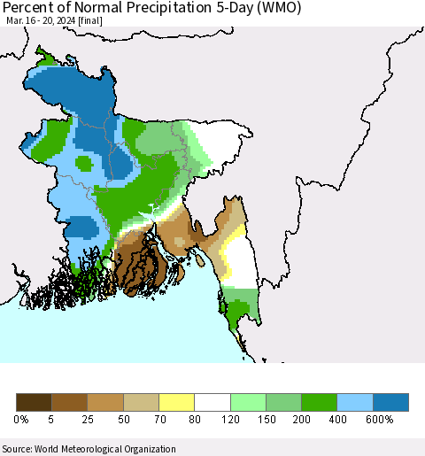 Bangladesh Percent of Normal Precipitation 5-Day (WMO) Thematic Map For 3/16/2024 - 3/20/2024