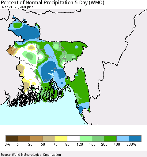 Bangladesh Percent of Normal Precipitation 5-Day (WMO) Thematic Map For 3/21/2024 - 3/25/2024