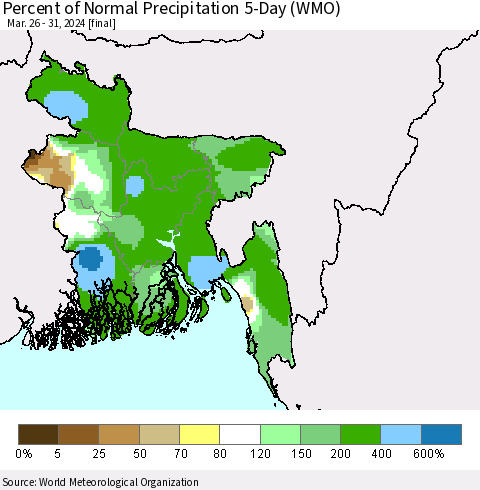 Bangladesh Percent of Normal Precipitation 5-Day (WMO) Thematic Map For 3/26/2024 - 3/31/2024