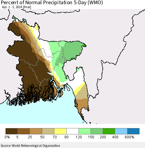 Bangladesh Percent of Normal Precipitation 5-Day (WMO) Thematic Map For 4/1/2024 - 4/5/2024