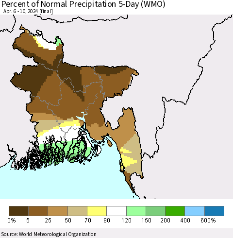 Bangladesh Percent of Normal Precipitation 5-Day (WMO) Thematic Map For 4/6/2024 - 4/10/2024