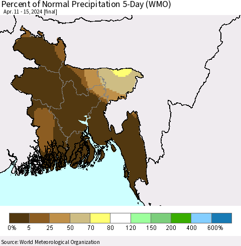 Bangladesh Percent of Normal Precipitation 5-Day (WMO) Thematic Map For 4/11/2024 - 4/15/2024