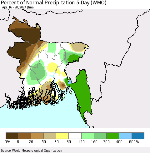 Bangladesh Percent of Normal Precipitation 5-Day (WMO) Thematic Map For 4/16/2024 - 4/20/2024