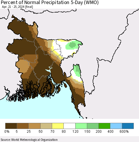 Bangladesh Percent of Normal Precipitation 5-Day (WMO) Thematic Map For 4/21/2024 - 4/25/2024