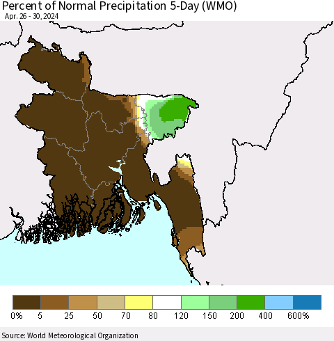 Bangladesh Percent of Normal Precipitation 5-Day (WMO) Thematic Map For 4/26/2024 - 4/30/2024