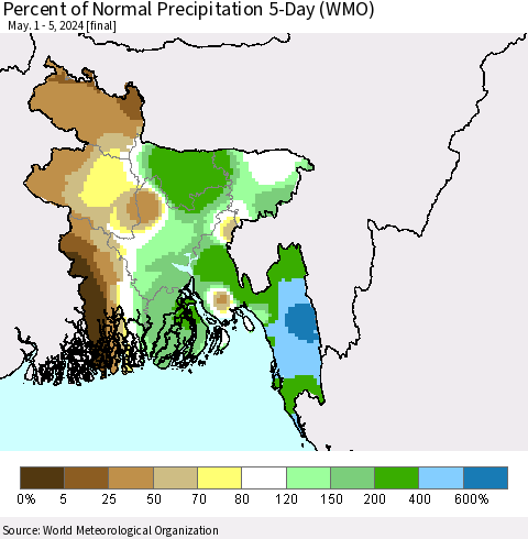 Bangladesh Percent of Normal Precipitation 5-Day (WMO) Thematic Map For 5/1/2024 - 5/5/2024