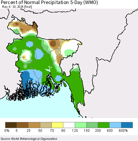Bangladesh Percent of Normal Precipitation 5-Day (WMO) Thematic Map For 5/6/2024 - 5/10/2024