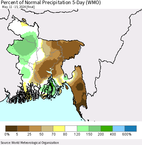 Bangladesh Percent of Normal Precipitation 5-Day (WMO) Thematic Map For 5/11/2024 - 5/15/2024