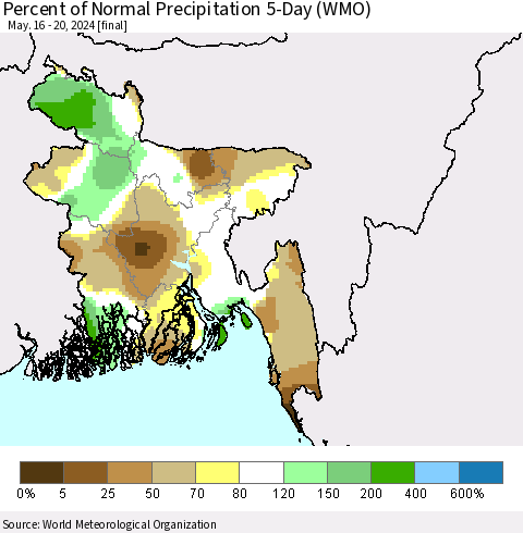 Bangladesh Percent of Normal Precipitation 5-Day (WMO) Thematic Map For 5/16/2024 - 5/20/2024