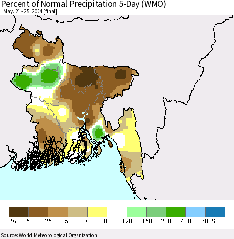 Bangladesh Percent of Normal Precipitation 5-Day (WMO) Thematic Map For 5/21/2024 - 5/25/2024