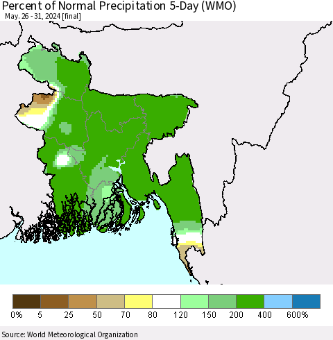 Bangladesh Percent of Normal Precipitation 5-Day (WMO) Thematic Map For 5/26/2024 - 5/31/2024