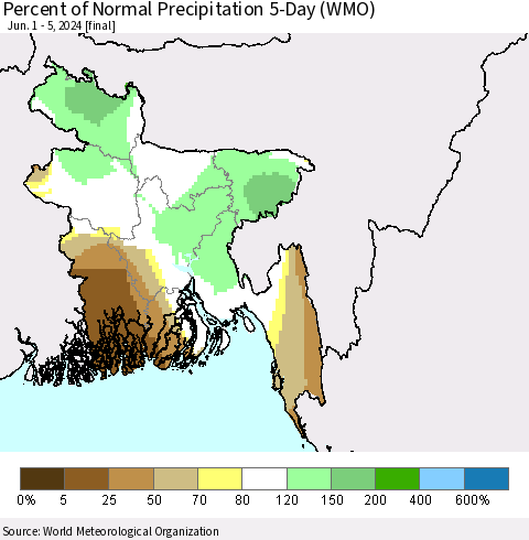 Bangladesh Percent of Normal Precipitation 5-Day (WMO) Thematic Map For 6/1/2024 - 6/5/2024