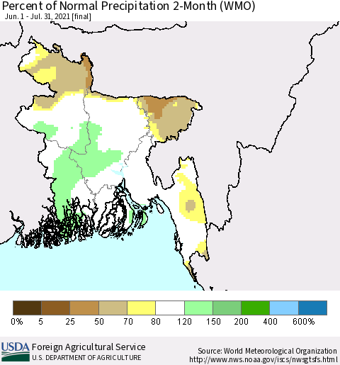 Bangladesh Percent of Normal Precipitation 2-Month (WMO) Thematic Map For 6/1/2021 - 7/31/2021