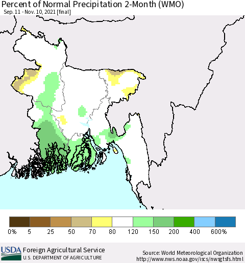 Bangladesh Percent of Normal Precipitation 2-Month (WMO) Thematic Map For 9/11/2021 - 11/10/2021