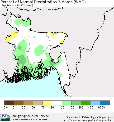 Bangladesh Percent of Normal Precipitation 2-Month (WMO) Thematic Map For 9/16/2021 - 11/15/2021