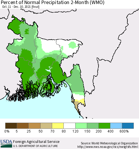 Bangladesh Percent of Normal Precipitation 2-Month (WMO) Thematic Map For 10/11/2021 - 12/10/2021