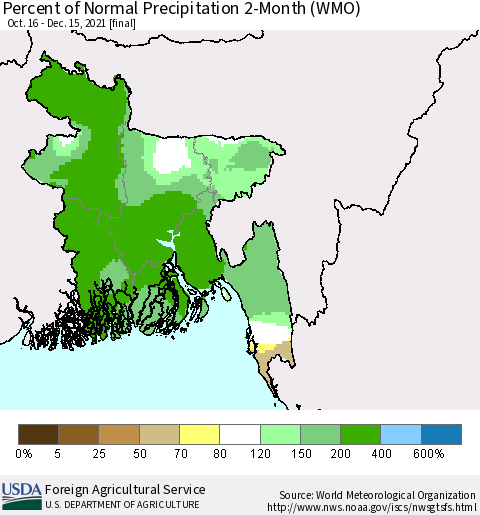 Bangladesh Percent of Normal Precipitation 2-Month (WMO) Thematic Map For 10/16/2021 - 12/15/2021